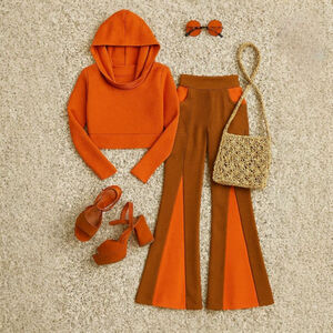 Vintage 1970s Handmade OOAK Orange Brown Crop Hoodie Bell Bottom Pants Set